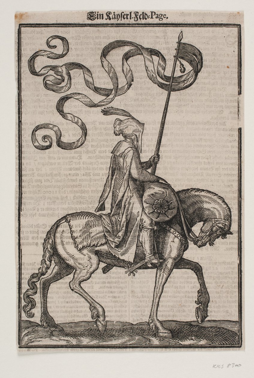 Portabandiera a cavallo, profilo verso destra; lo stendardo è a due code; il cavaliere è disarmato; sulla schiena del cavallo davanti a lui, c