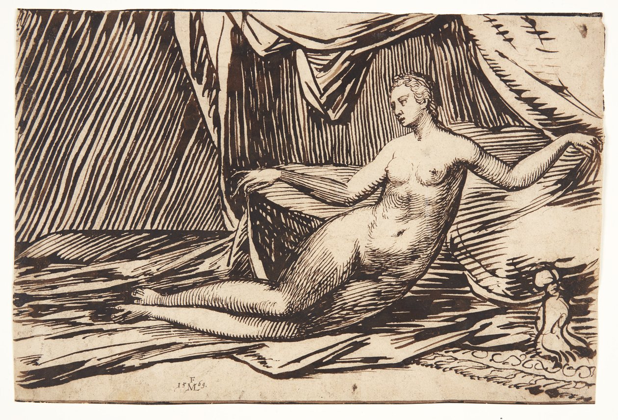 Donna nuda reclinata sotto un drappo simile a una tenda da Melchior Lorck