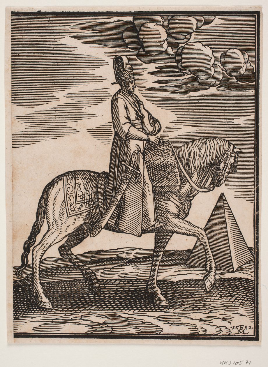 Cavaliere con una fiaschetta al collo, profilo verso destra; una spada al suo fianco destro e bagagli davanti a lui, drappeggiati sulla sella; a destra, sullo sfondo, una piramide da Melchior Lorck