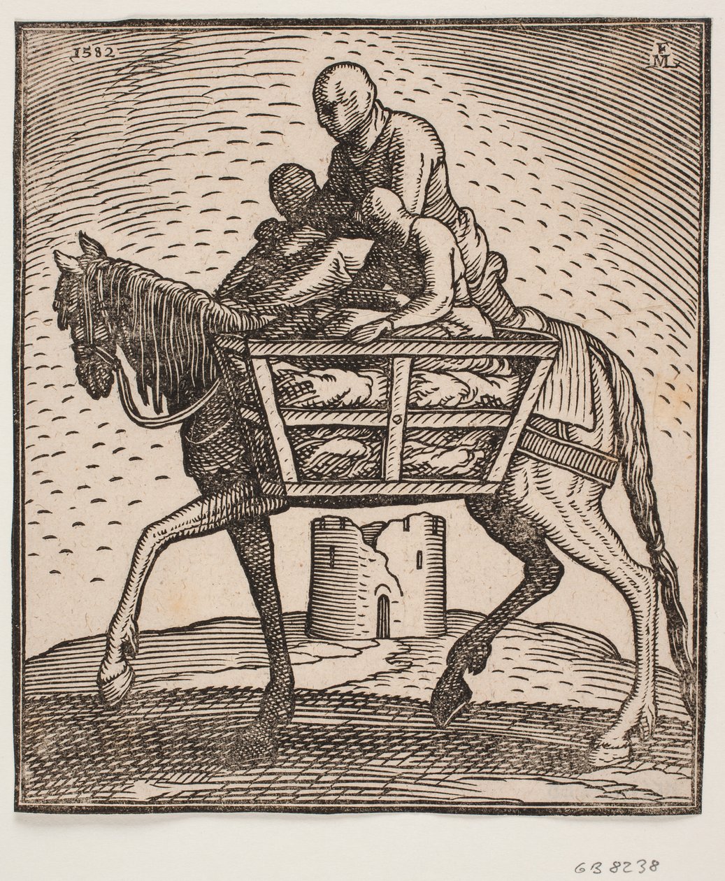 Cavaliere con cappuccio abbassato sul viso; su ciascun lato del cavallo una gabbia con una persona; profilo verso sinistra; sotto il cavallo si vede una torre cilindrica in rovina da Melchior Lorck