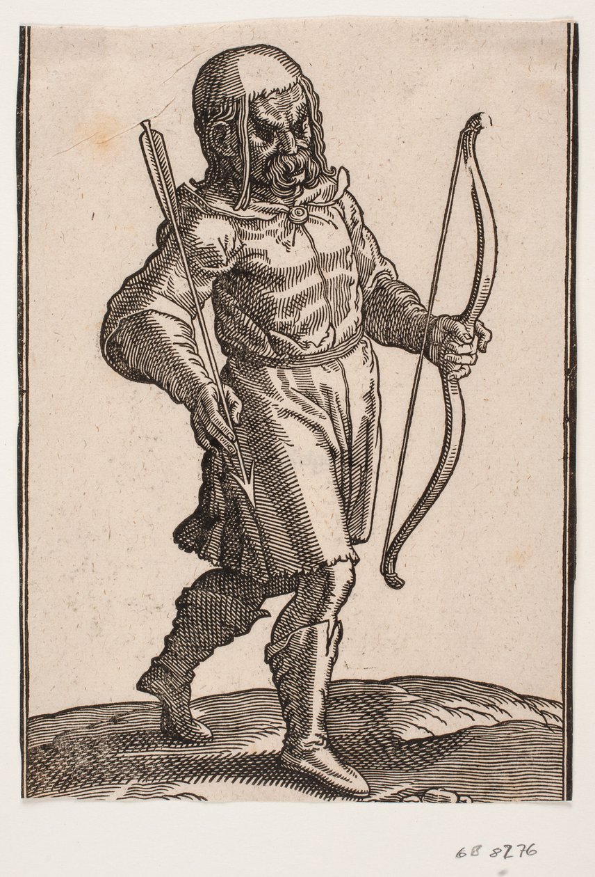Soldato, camminando verso destra; stivali e abito corto; nella mano sinistra un arco, nella mano destra una freccia da Melchior Lorck