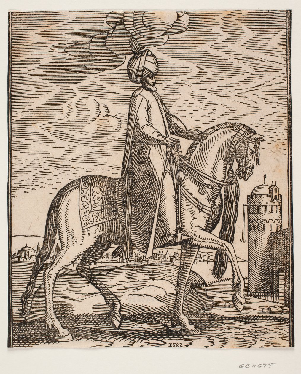 Cavaliere con turbante, con mazza appesa al lato destro del cavallo; profilo verso destra; sul lato destro dell