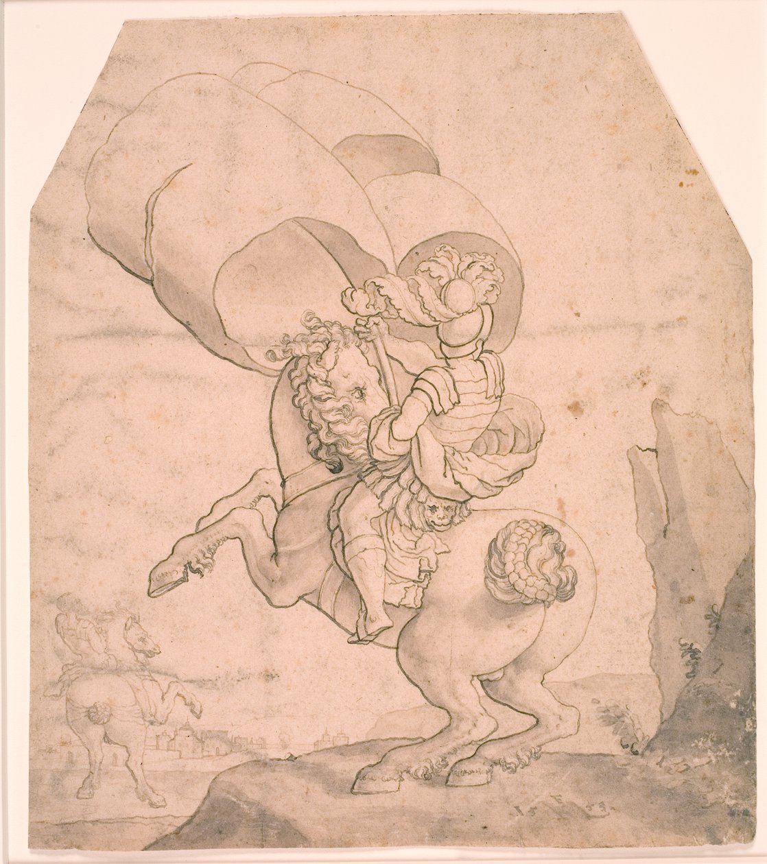 Due cavalieri, il primo porta uno stendardo da Melchior Lorck