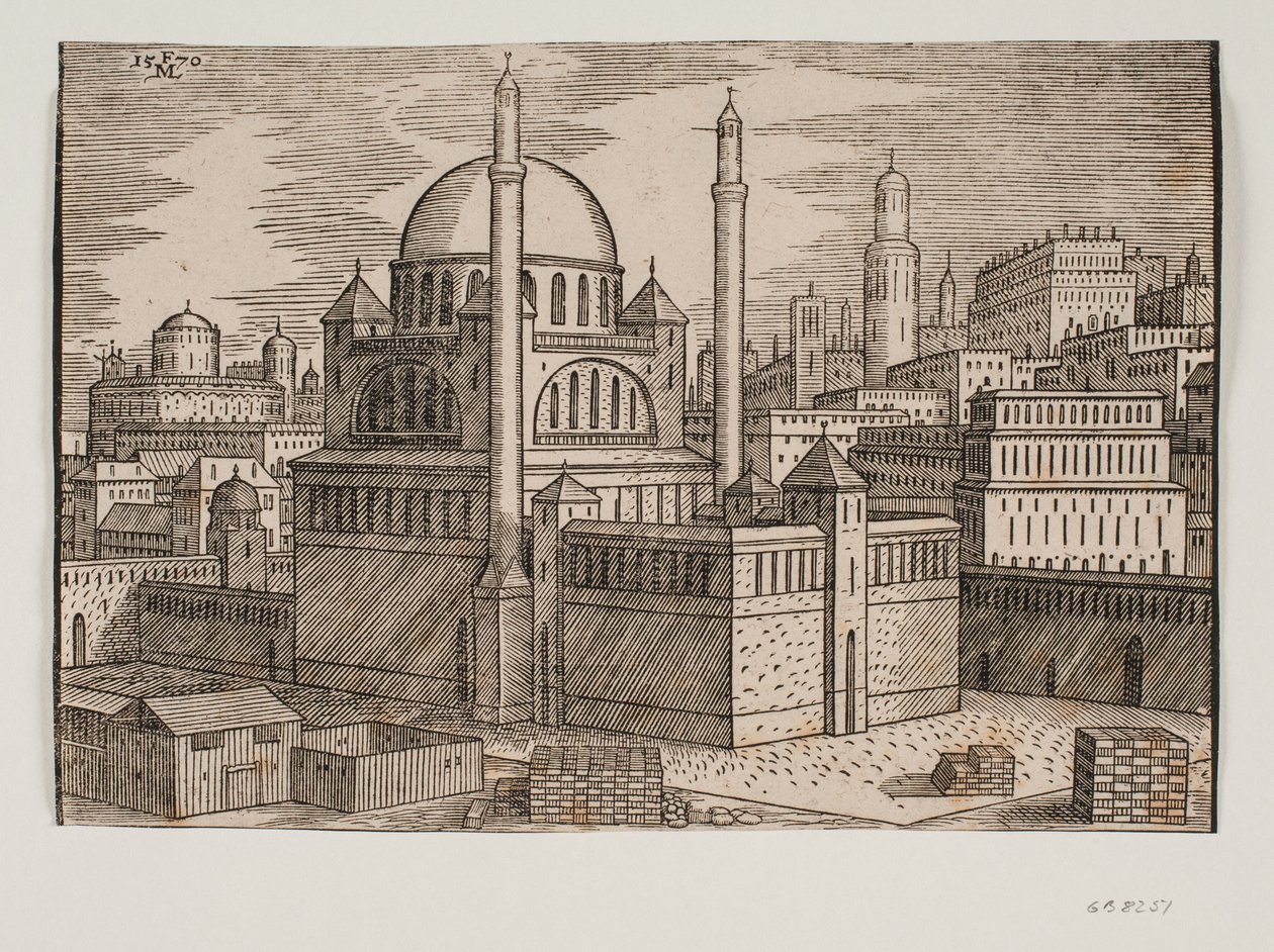 Moschea non identificata con 2 minareti, vista da nord-est; in primo piano cantiere con pietre da costruzione impilate da Melchior Lorck