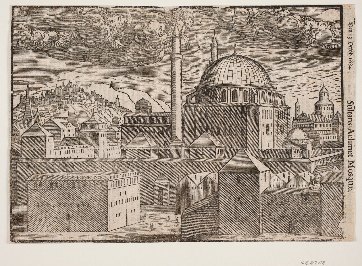 Moschea non identificata con 2 minareti, vista da sud-est; a sinistra montagna con città fortificata da Melchior Lorck