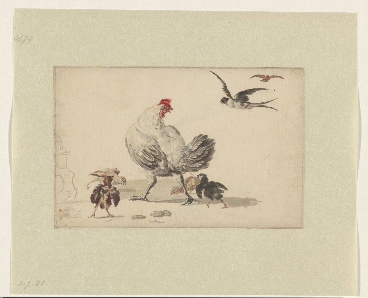 Due rondini e una gallina con quattro pulcini da Melchior d