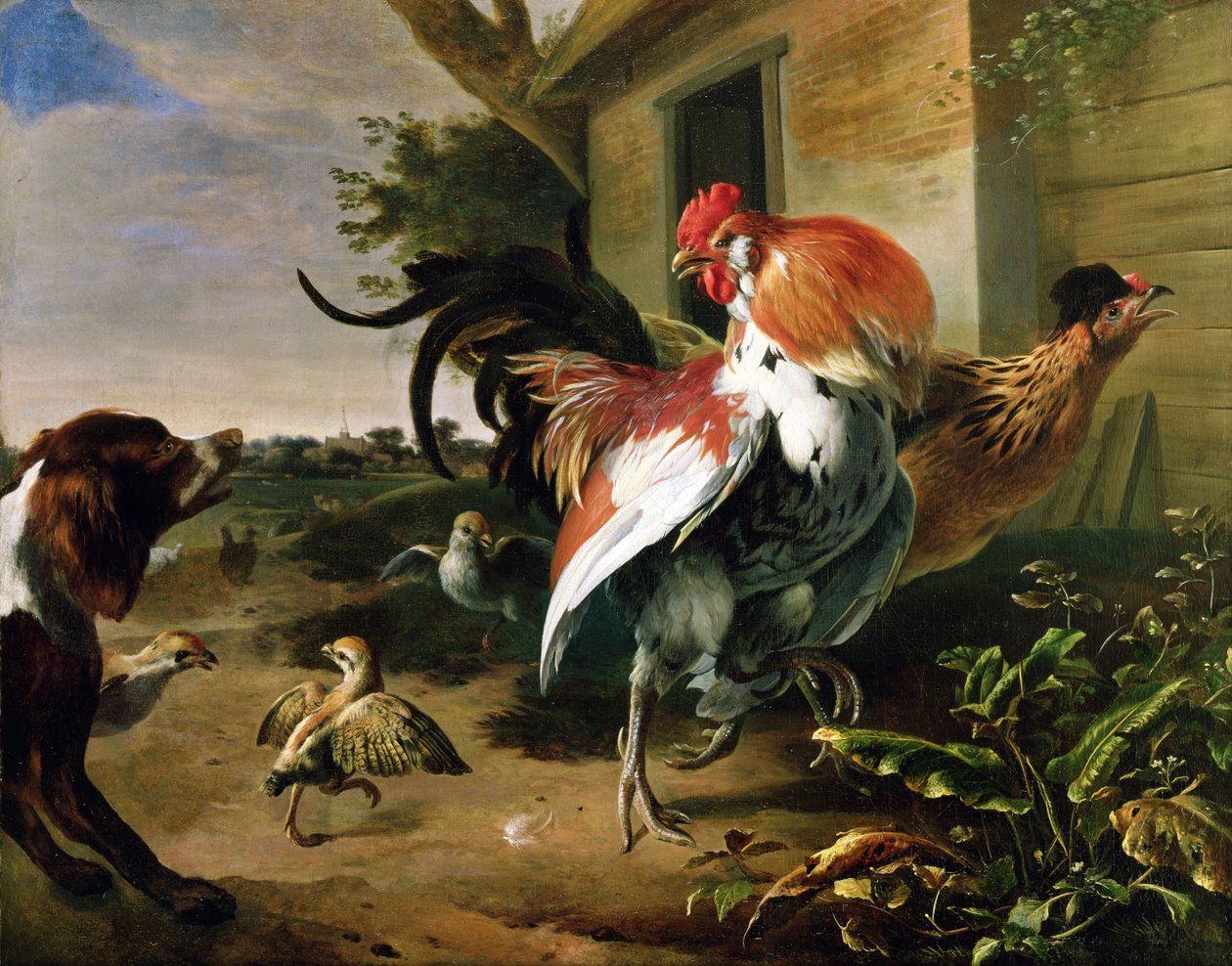 Pollame e spaniel in un cortile di fattoria da Melchior de Hondecoeter