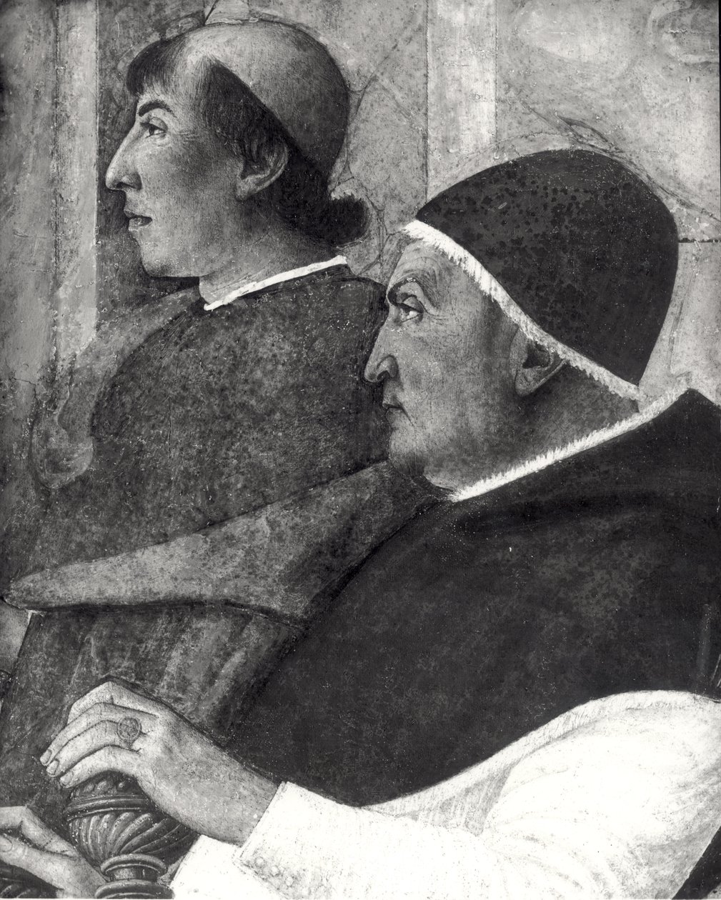 Papa Sisto IV (1414-84) (Francesco della Rovere) con un cardinale dietro di lui installa Bartolommeo Platina come direttore della Biblioteca Vaticana (dettaglio) da Melozzo da Forli
