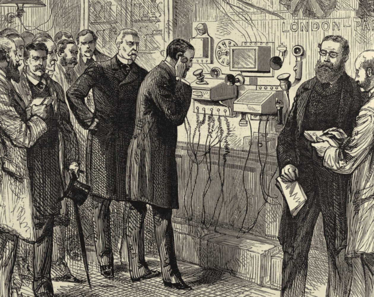 Apertura della linea telefonica anglo-inglese. La prima conversazione telefonica da Londra a Parigi presso l