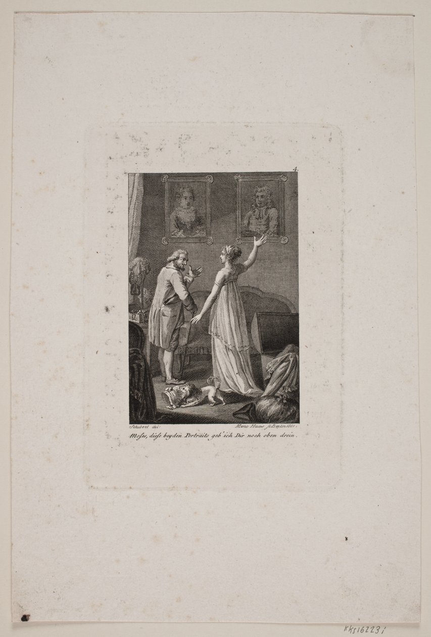 Illustrazione con dama e signore davanti a due ritratti da Meno Haas