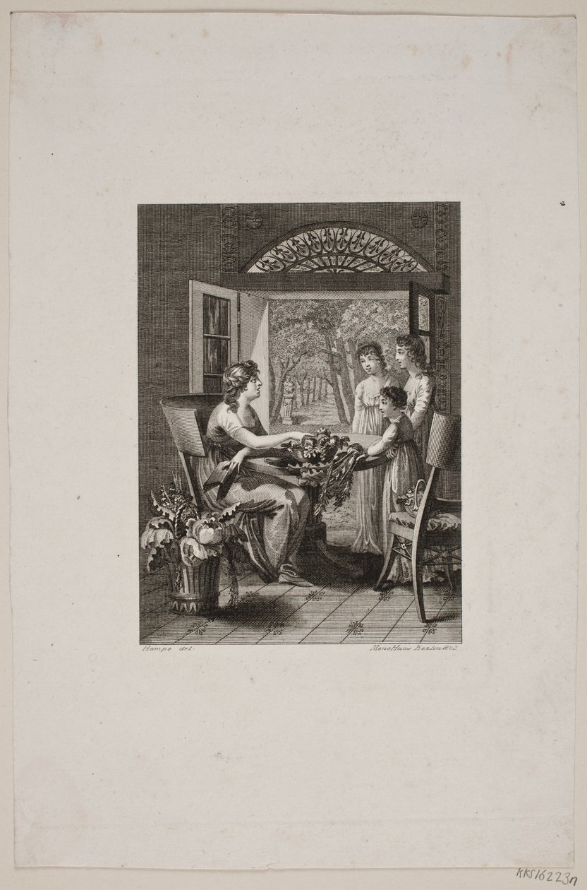 Illustrazione con donne intorno a un tavolo in una veranda da Meno Haas