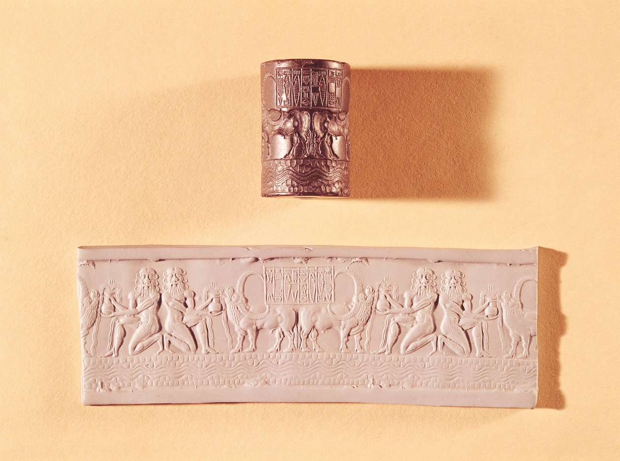 Sigillo cilindrico accadico e impressione di Shar-kali-sharri (c.2217-c.2193 a.C.) Re di Akkad, Mesopotamia, c.2340-2100 a.C. (marmo) da Mesopotamian