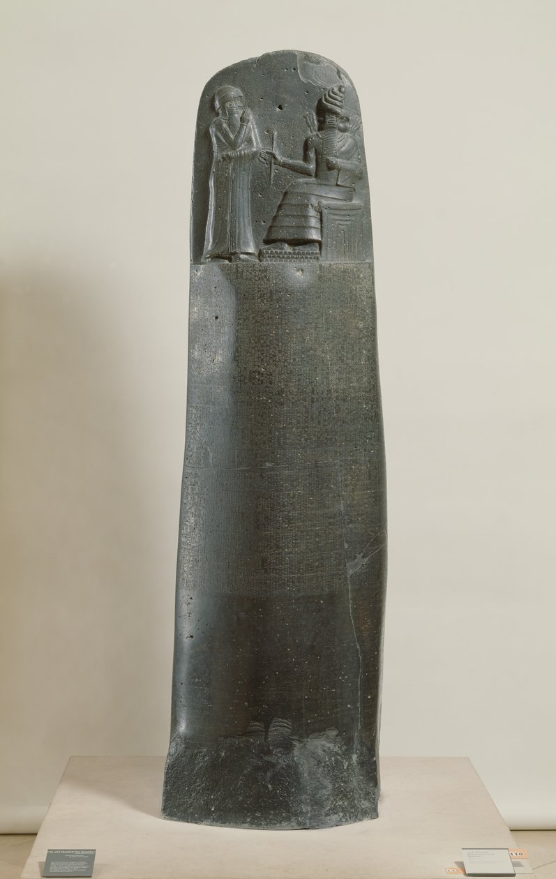 Codice di Hammurabi: il dio Shamash che detta le sue leggi a Hammurabi, Re di Babilonia, trovato a Susa, Iran, c.1750 a.C. da Mesopotamian