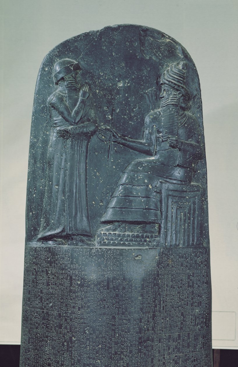 Figura in rilievo del dio sole Shamash che detta le sue leggi al re Hammurabi sul suo famoso codice di leggi, Periodo Babilonese Antico, 1760 a.C. da Mesopotamian