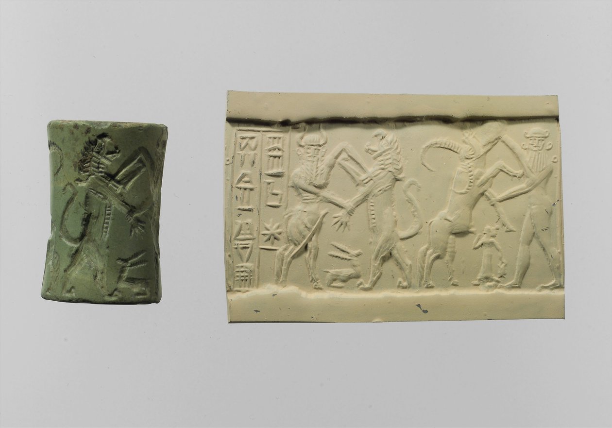 Sigillo cilindrico di combattimento con impressione moderna c.2250-2150 a.C. (albite) da Mesopotamian Mesopotamian