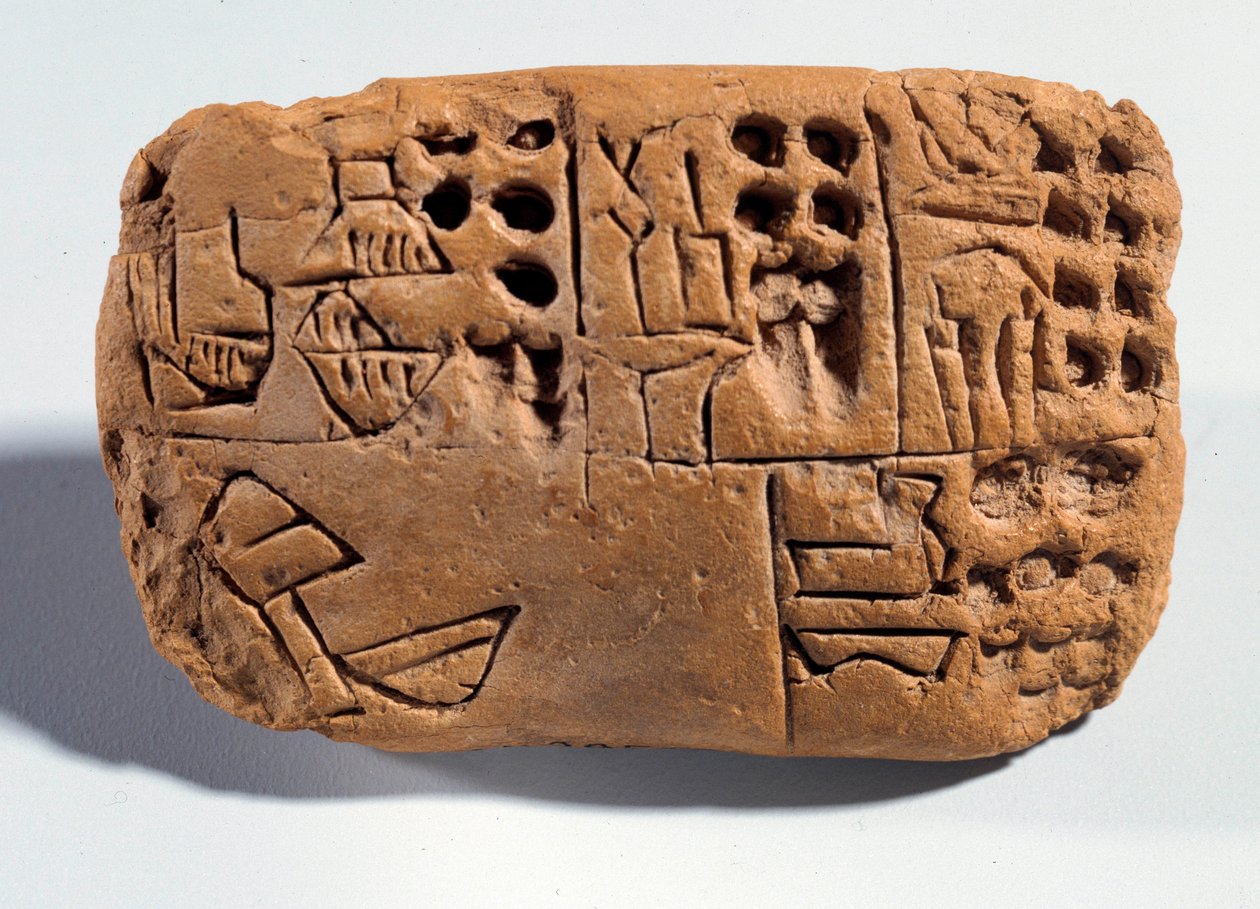 Tavoletta di terra cruda con iscrizione cuneiforme. Regione Sumer. 3300 a.C. Parigi, Museo del Louvre da Mesopotamian School