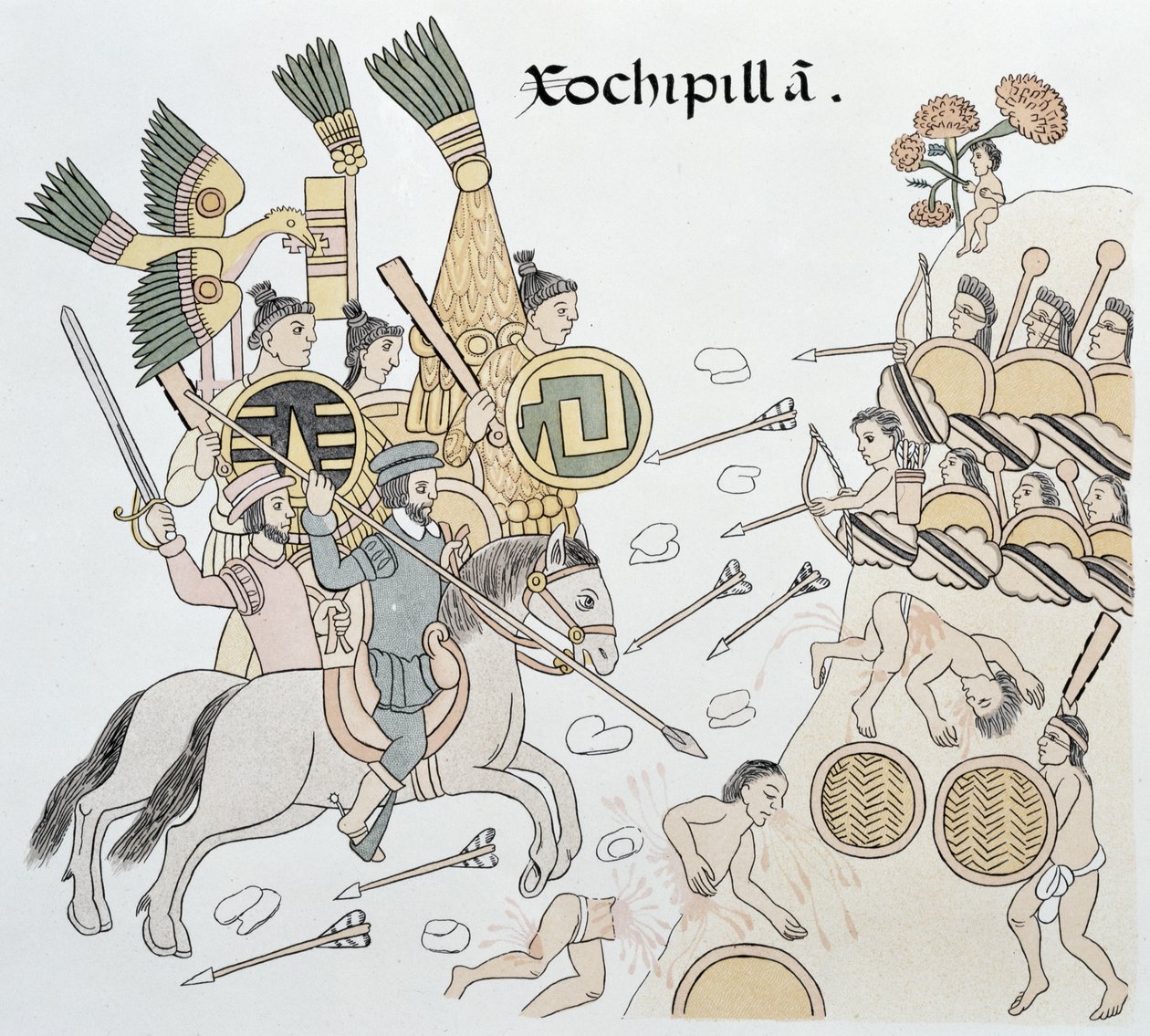 Battaglia di Xochipilla tra gli spagnoli e gli aztechi, illustrazione da un facsimile di una storia pittorica indiana messicana Lienzo de Tlaxcala del c.1550, 1892 da Mexican School