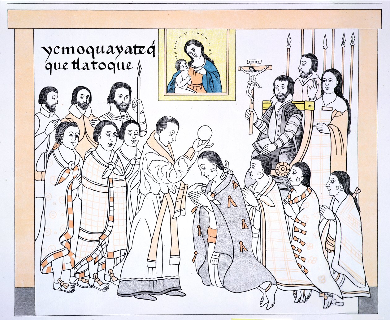 Caciques che ricevono la comunione da un prete nella casa di Hernando Cortes (1485-1547), illustrazione da un facsimile di una storia pittorica indiana messicana Lienzo de Tlaxcala del c.1550, 1892 da Mexican School