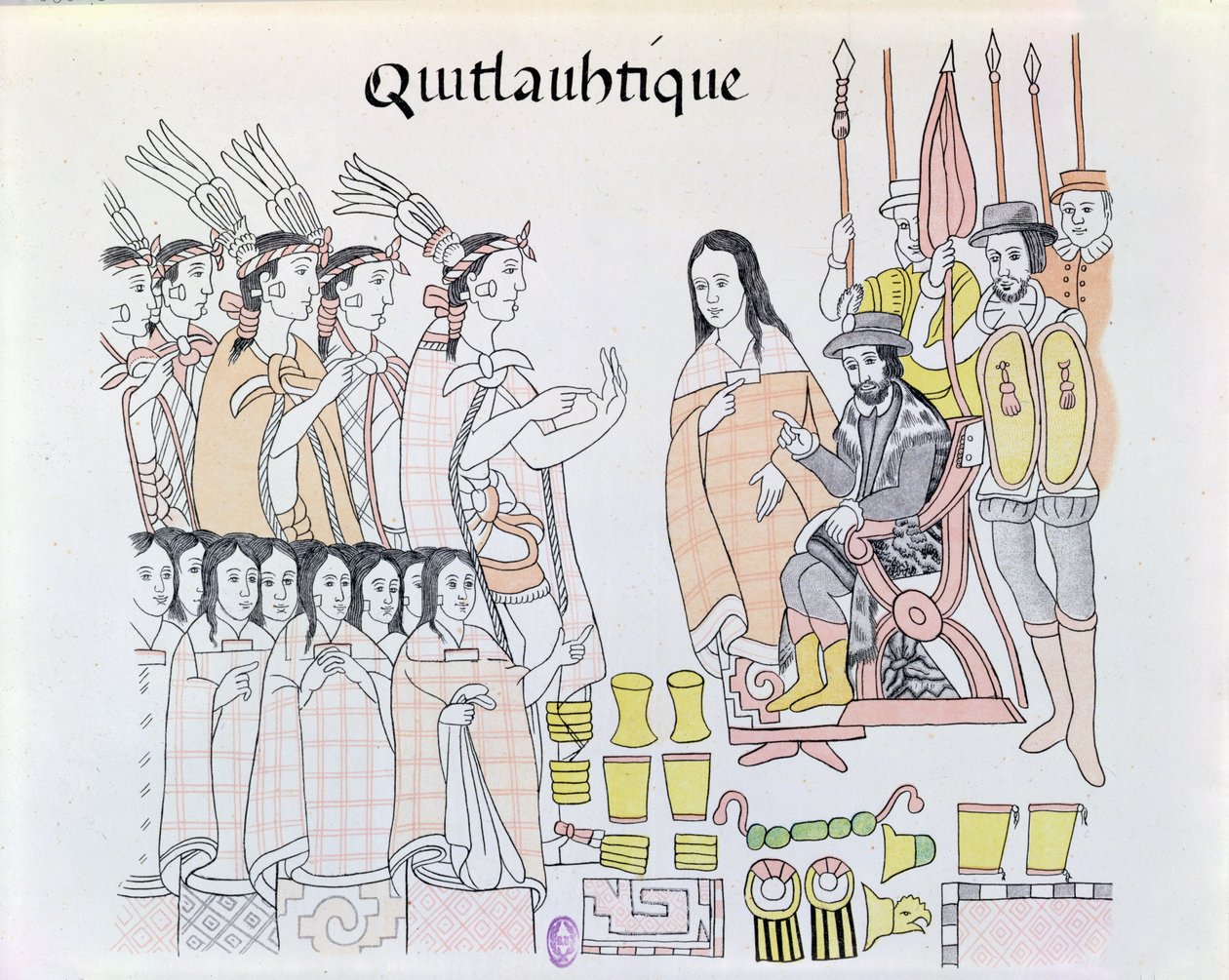 La Malinche (Dona Marina) che funge da interprete durante la presentazione di donne e oro da parte di Montezuma (1466-1520) a Hernando Cortes (1485-1547) illustrazione da un facsimile di una storia pi da Mexican School