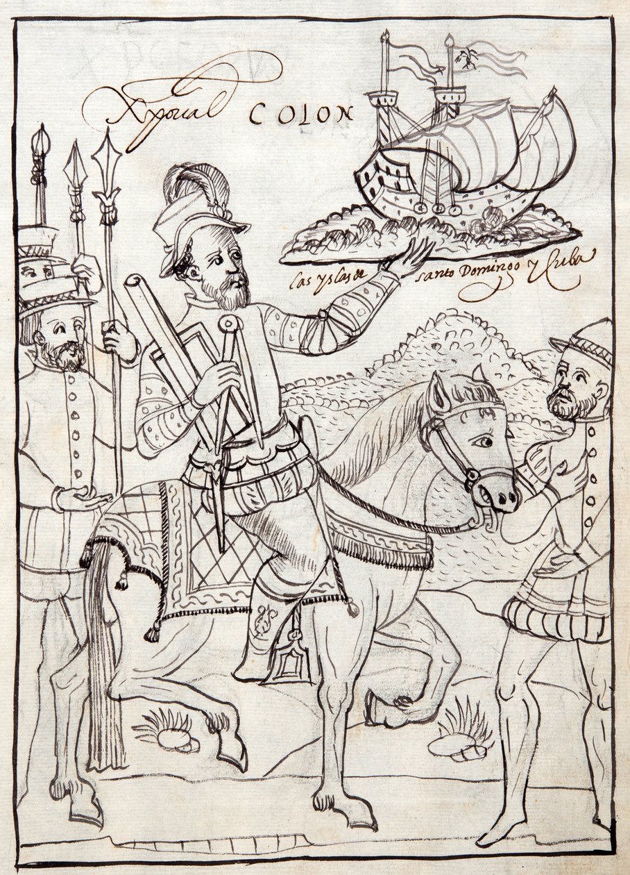 MS Hunter 242 f.247r Cristoforo Colombo, illustrazione dalla Historia de Tlaxcala di Diego Muñoz Camargo da Mexican School