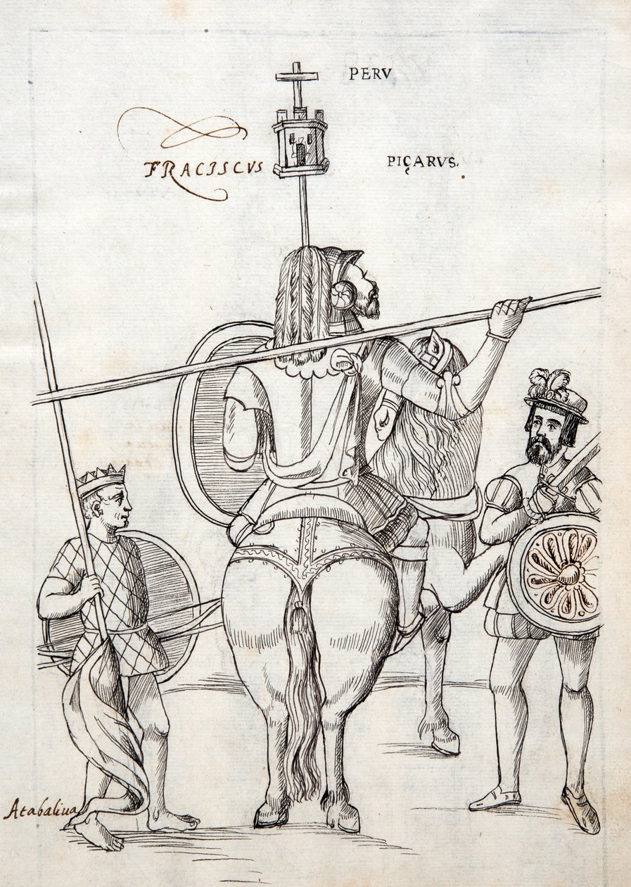 MS Hunter 242 f.248r Picarus, o Pizarro, e cavallo da guerra, illustrazione dalla Historia de Tlaxcala di Diego Muñoz Camargo da Mexican School