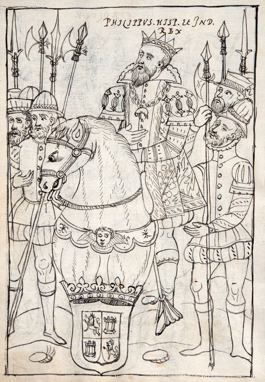 MS Hunter 242 f.249v Filippo II a cavallo, indossando l