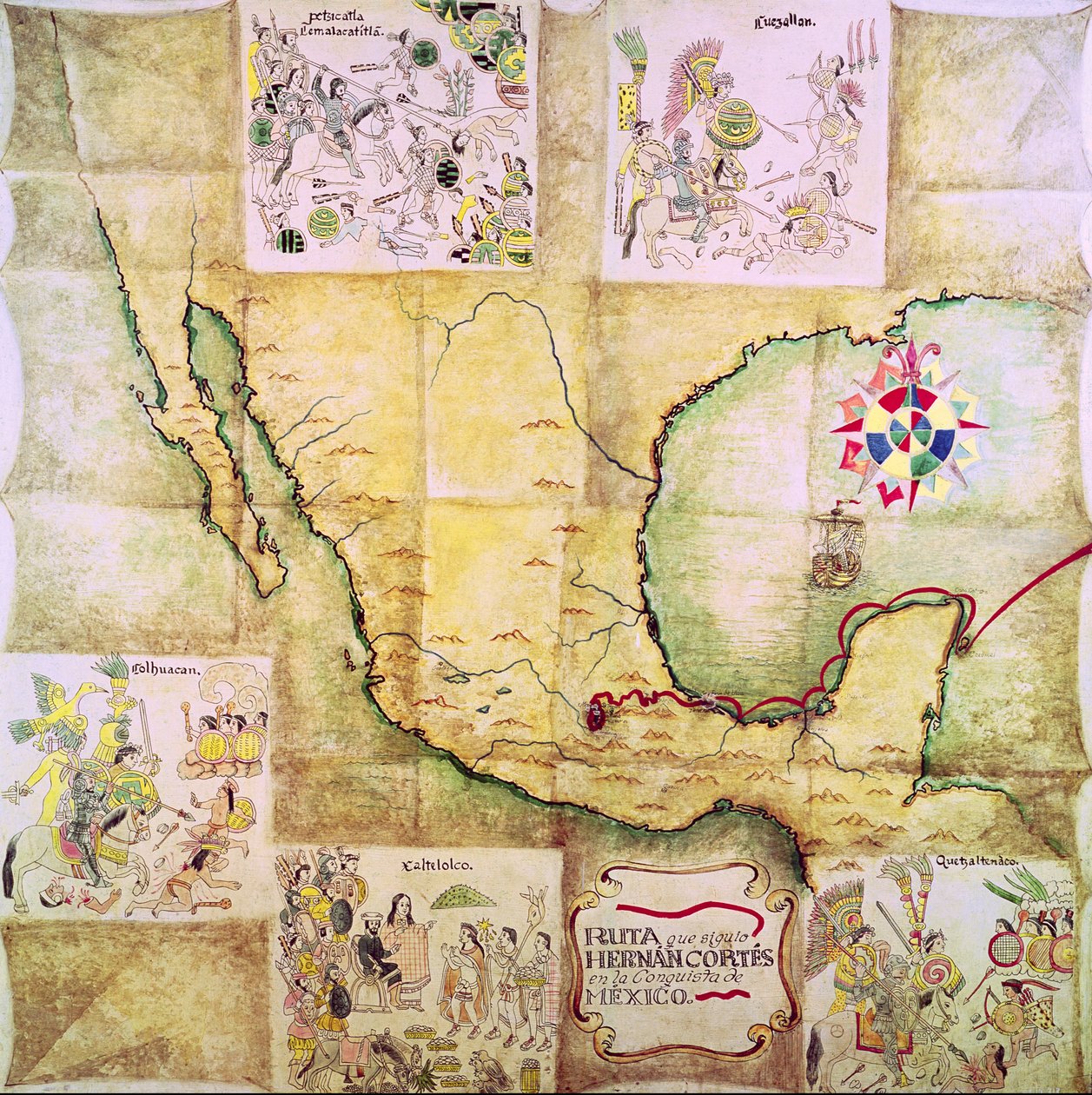 Mappa del percorso seguito da Hernando Cortes (1485-1547) durante la conquista del Messico da Mexican School