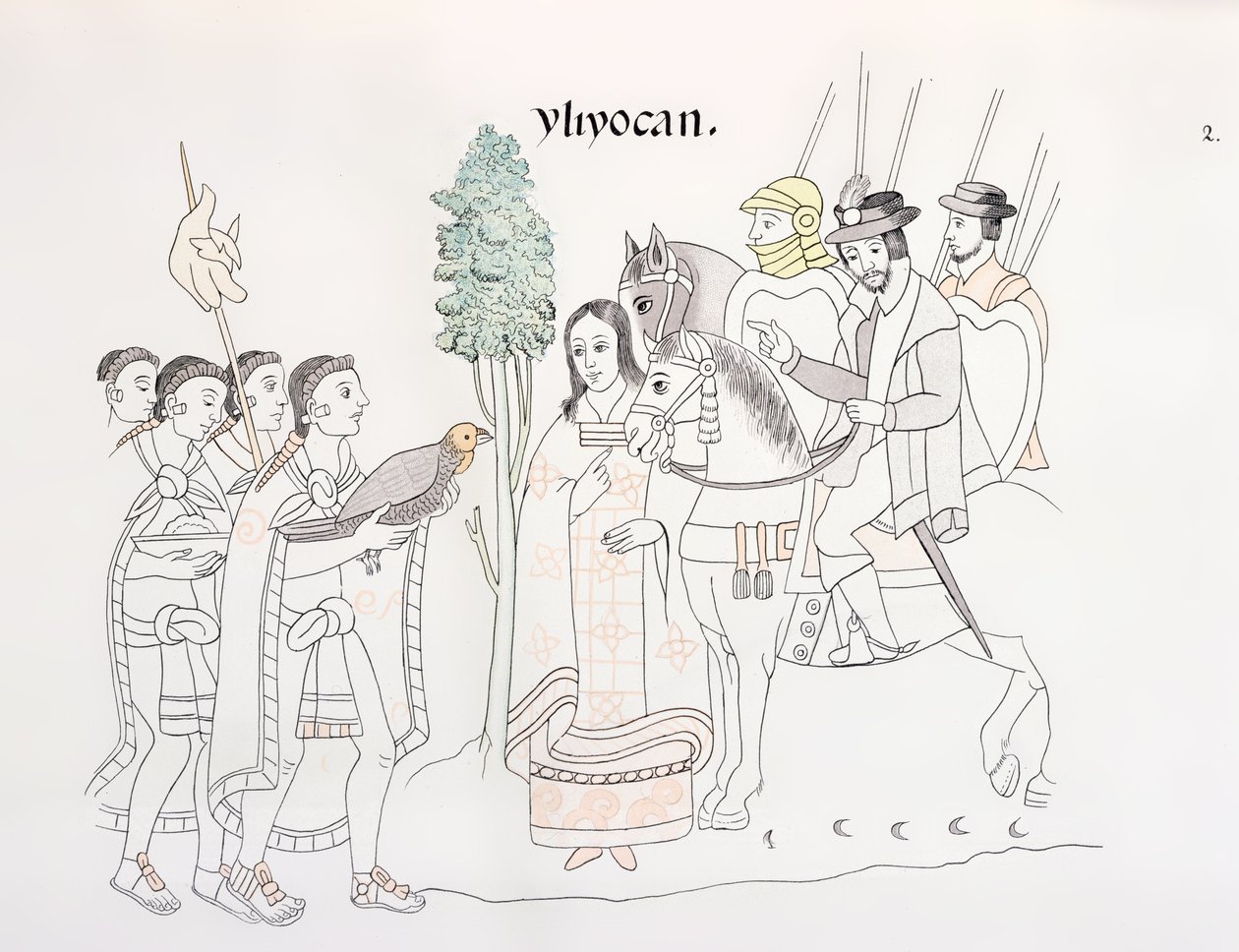 Incontro tra Hernando Cortes (1485-1547) e gli Aztechi, illustrazione da un facsimile di una storia pittorica indiana messicana Lienzo de Tlaxcala del c.1550, 1892 da Mexican School