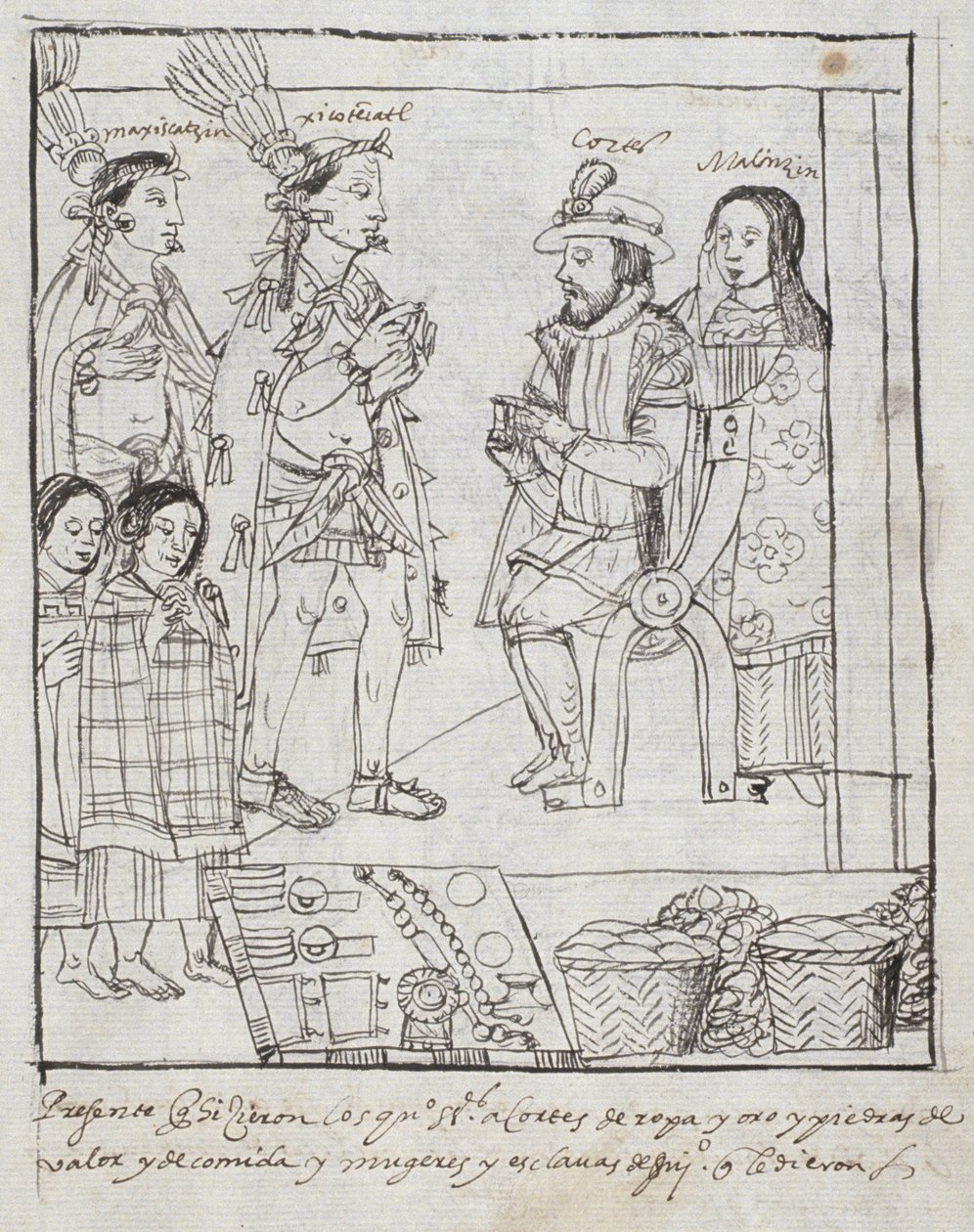 Montezuma incontra Cortez, da Historia de Tlaxcala di Diego Munoz Camargo da Mexican School