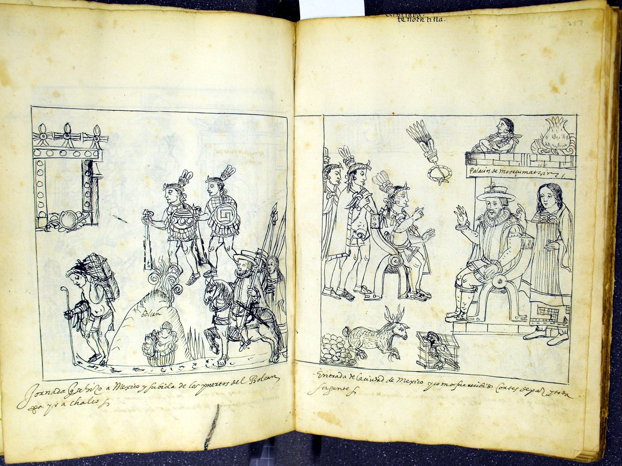Ms Hunter 242 256v-257r Cortez e Montezuma, da Historia de Tlaxcala di Diego Munoz Camargo da Mexican School