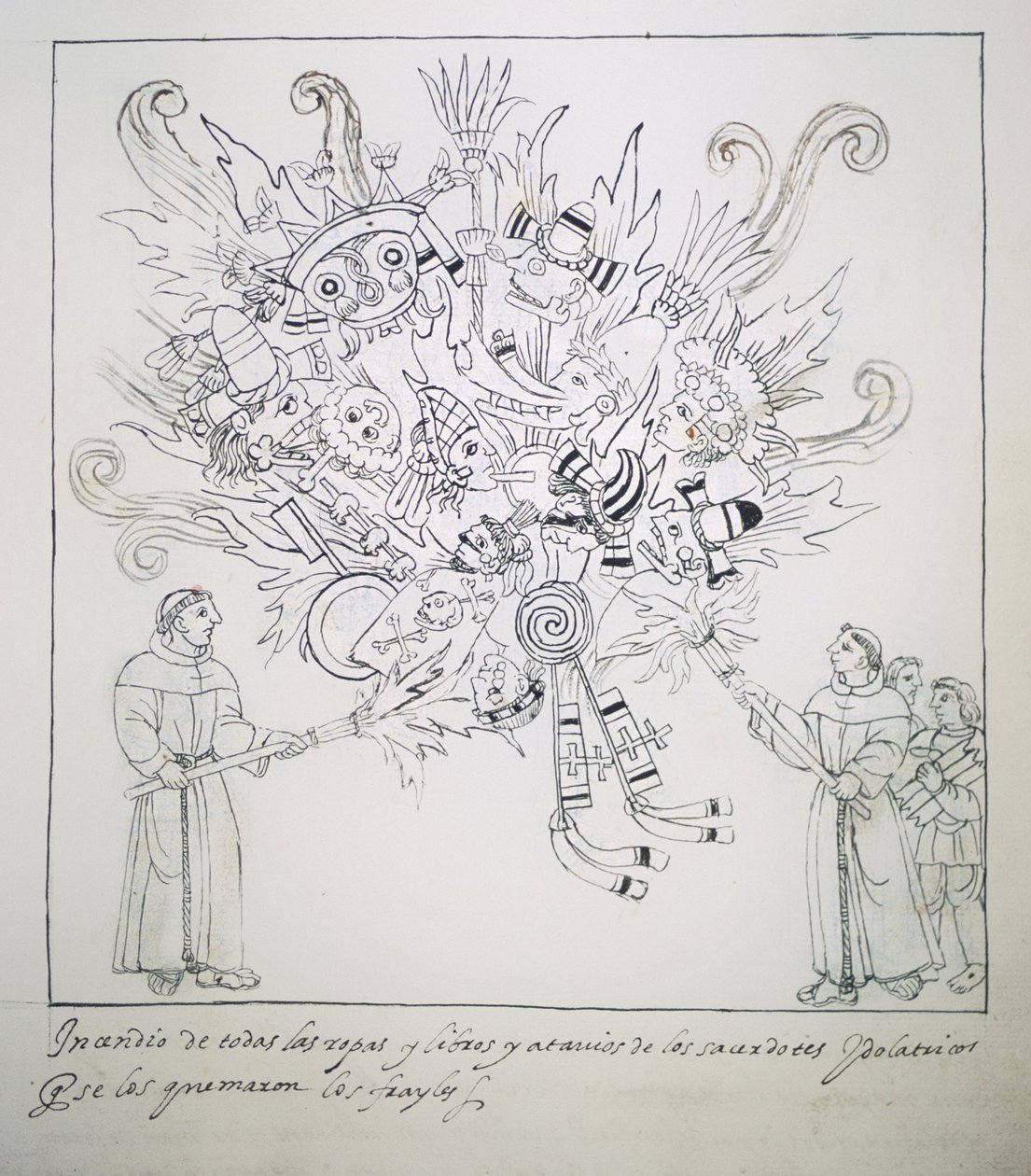 Frati Francescani Bruciano Libri e Vestiti Tradizionali, da Historia de Tlaxcala di Diego Munoz Camargo da Mexican School