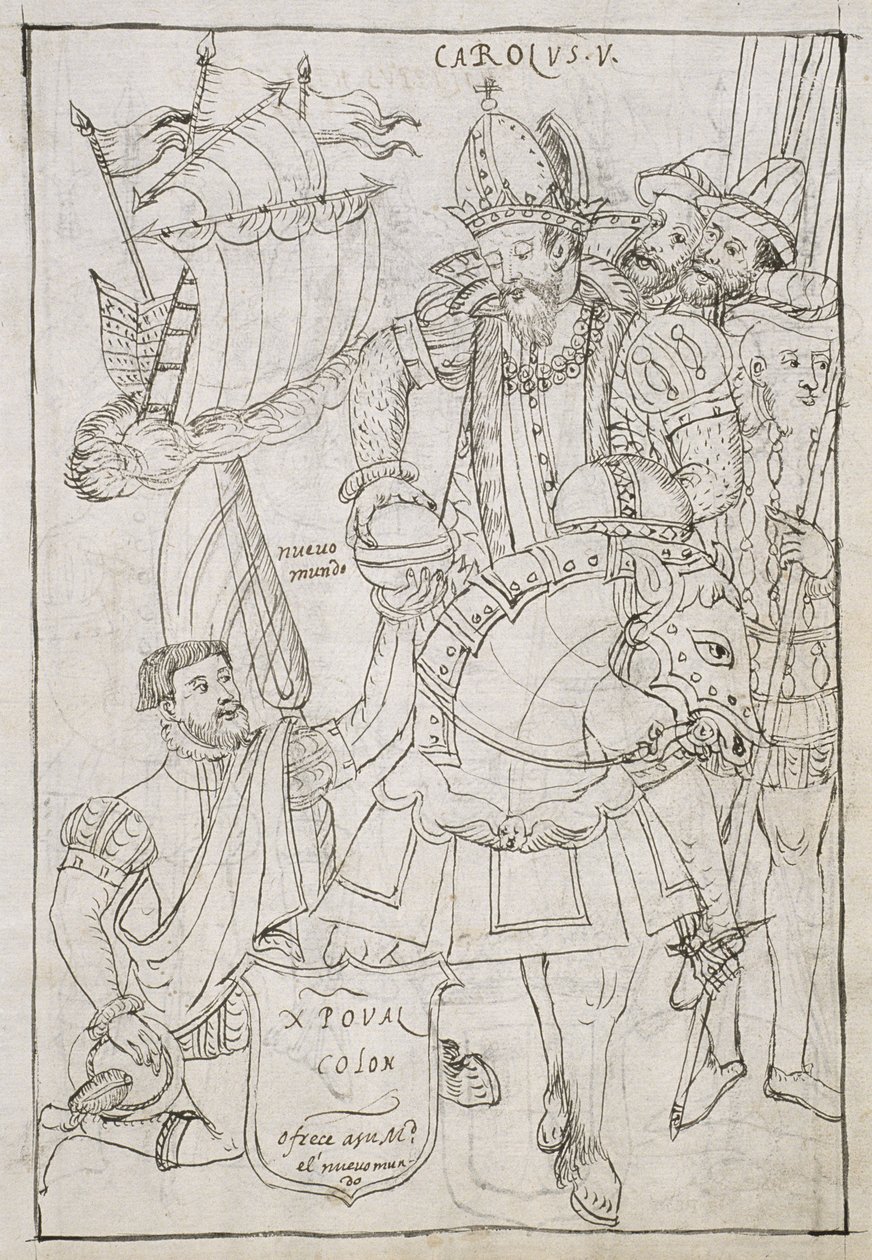 Cristoforo Colombo offre simbolicamente il Nuovo Mondo a Carlo V, da Historia de Tlaxcala di Diego Munoz Camargo da Mexican School