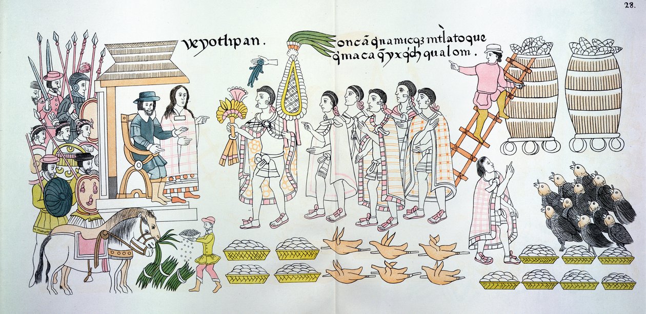 Il capo tlaxcalteca, Maxixcatzin, presenta un mazzo di rose e altri doni a Hernando Cortes (1485-1547) come segno di benvenuto, illustrazione da un facsimile di una storia pittorica indiana messicana da Mexican School