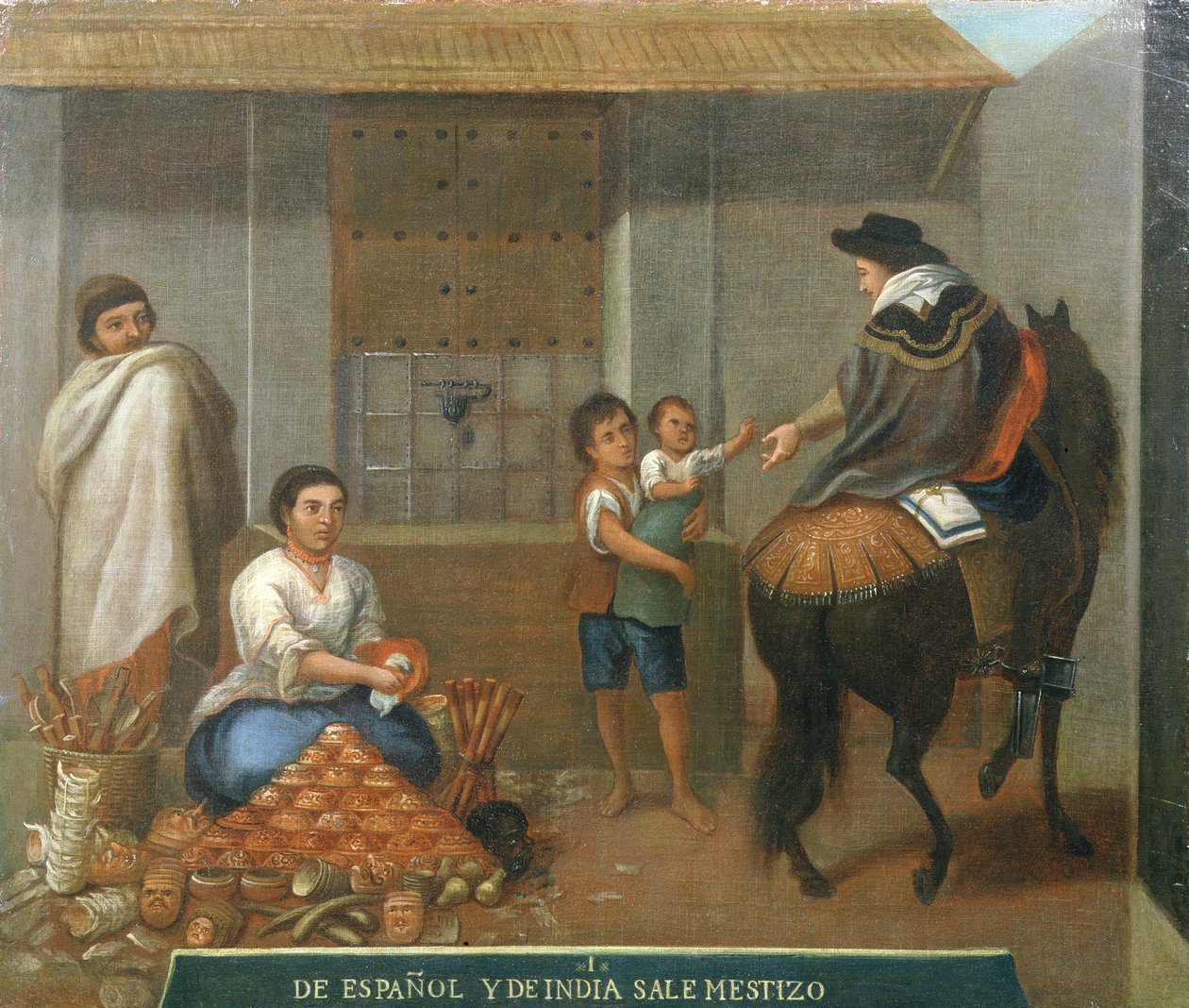 Tre figure presso una bancarella del mercato da Mexican School