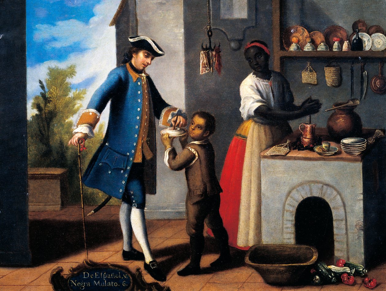 Uomo spagnolo bianco, donna nera e figlio meticcio (mulatto), dipinto sul tema della mescolanza razziale da Mexican School