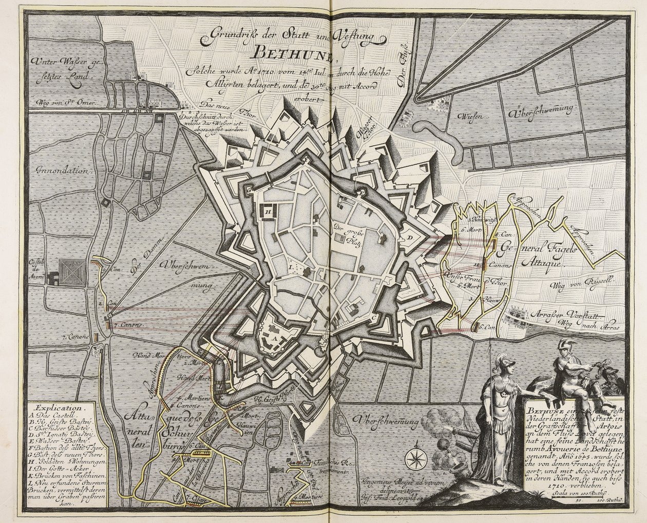 Pianta della città e della fortezza di Bethune, assediata dagli Alti Alleati dal 14 luglio 1710. Iul. dagli Alti Alleati e conquistata il 30 agosto. Aug. con accordo conquistato / Engineer Meyer ad vivum delineavit. da Meyer