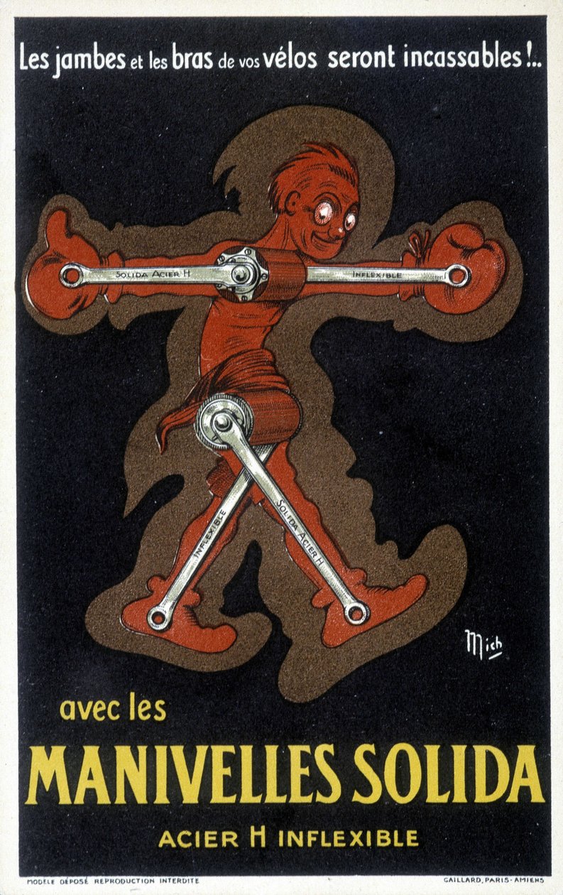 Pubblicità per pedivelle Velo in acciaio massiccio. Disegno di Mich (Michel Liebeaux) da Mich