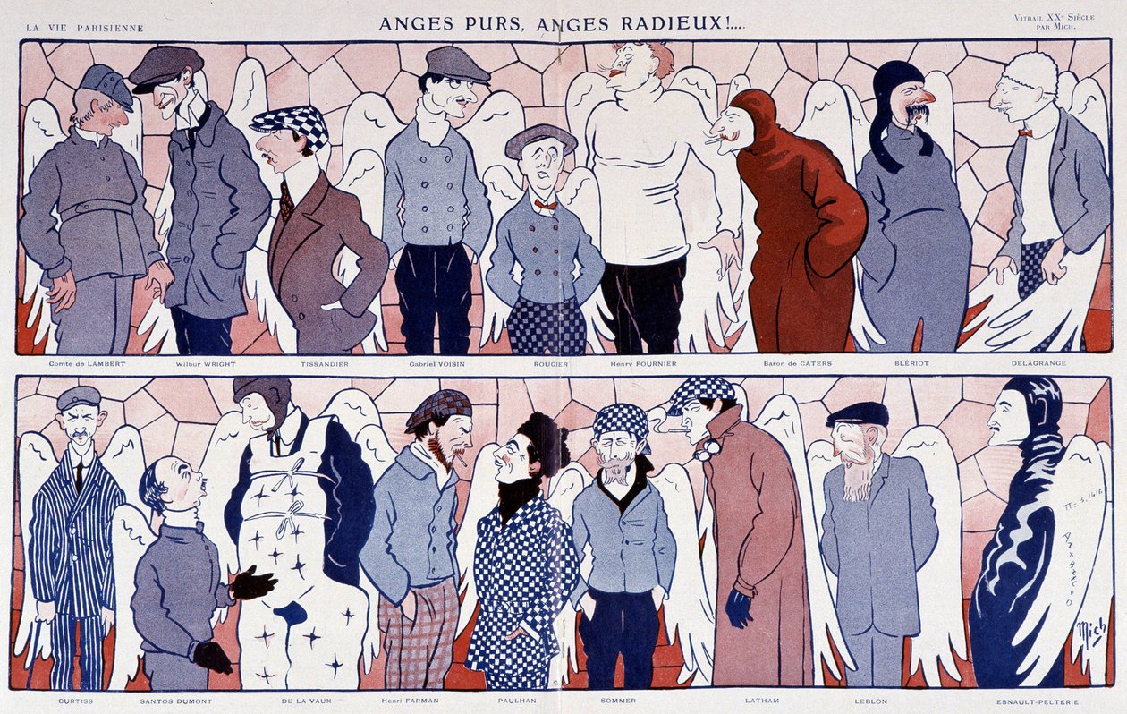 Caricature degli aviatori famosi in angeli (galleria di ritratti) - in "La Vie Parisienne" 11/12/1909 da Mich