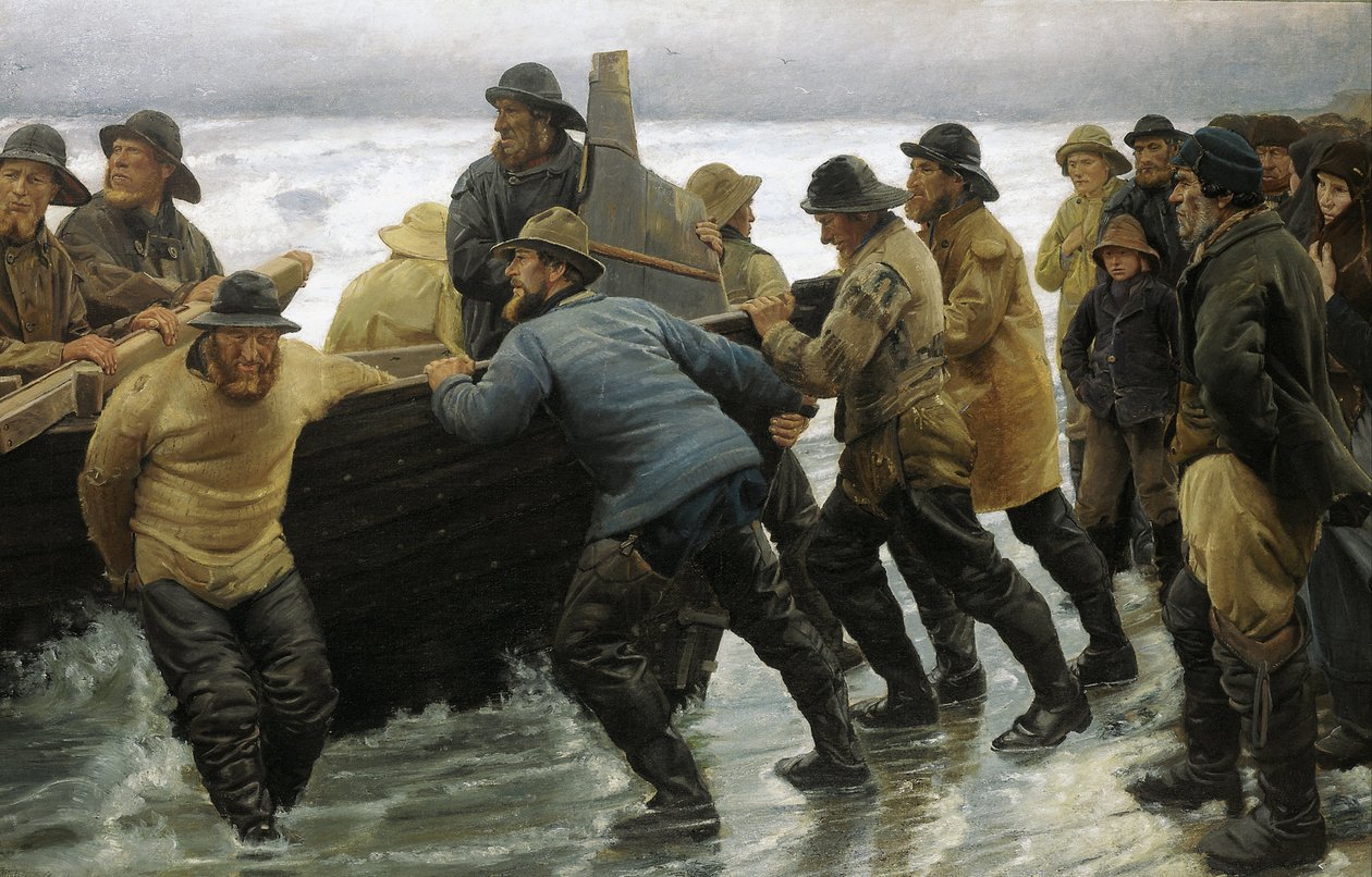 Pescatori che lanciano una barca a remi da Michael Peter Ancher