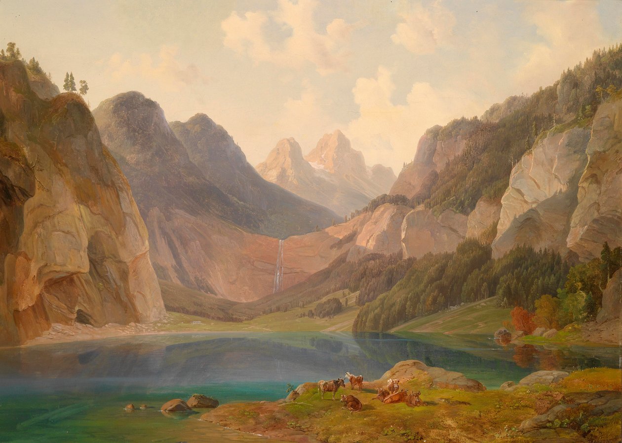 Paesaggio montano con gregge di animali a riposo in primo piano da Michael Lueger