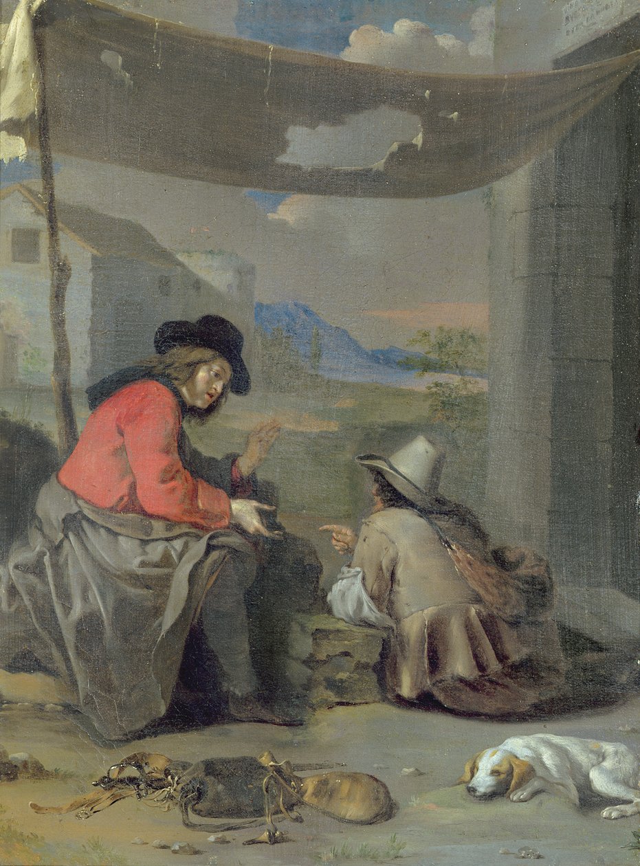 Due figure sedute con un cane da Michael (attr. to) Sweerts