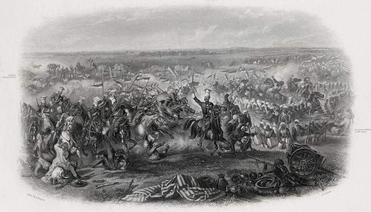 Battaglia di Aliwal, India, 28 gennaio 1846, inciso da J.J. Crew da Michael Angelo Hayes
