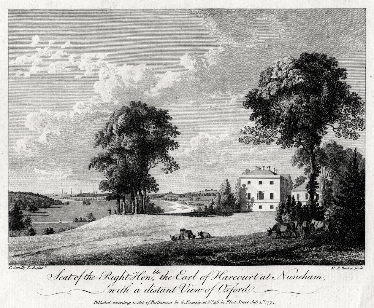 Sede del Diritto Onorevole il Conte di Harcourt a Nuneham, con una vista distante di Oxford, 1775 da Michael Angelo Rooker