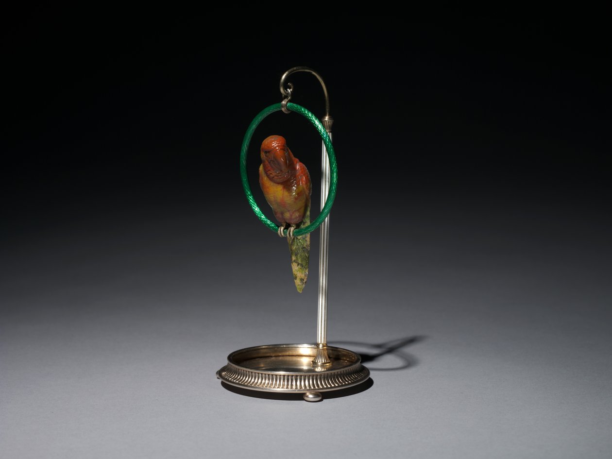 Pappagallo su un trespolo, ditta di Peter Carl Fabergé da Michael Evlampievich Perkhin