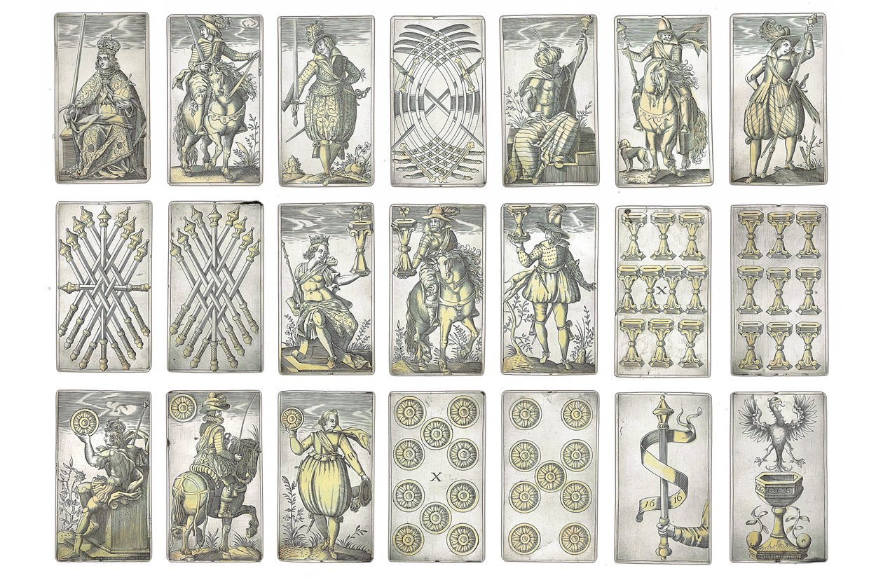 (dettaglio) di un set estremamente raro di 52 carte da gioco incise nei quattro semi italiani, Augusta da Michael Froemmer