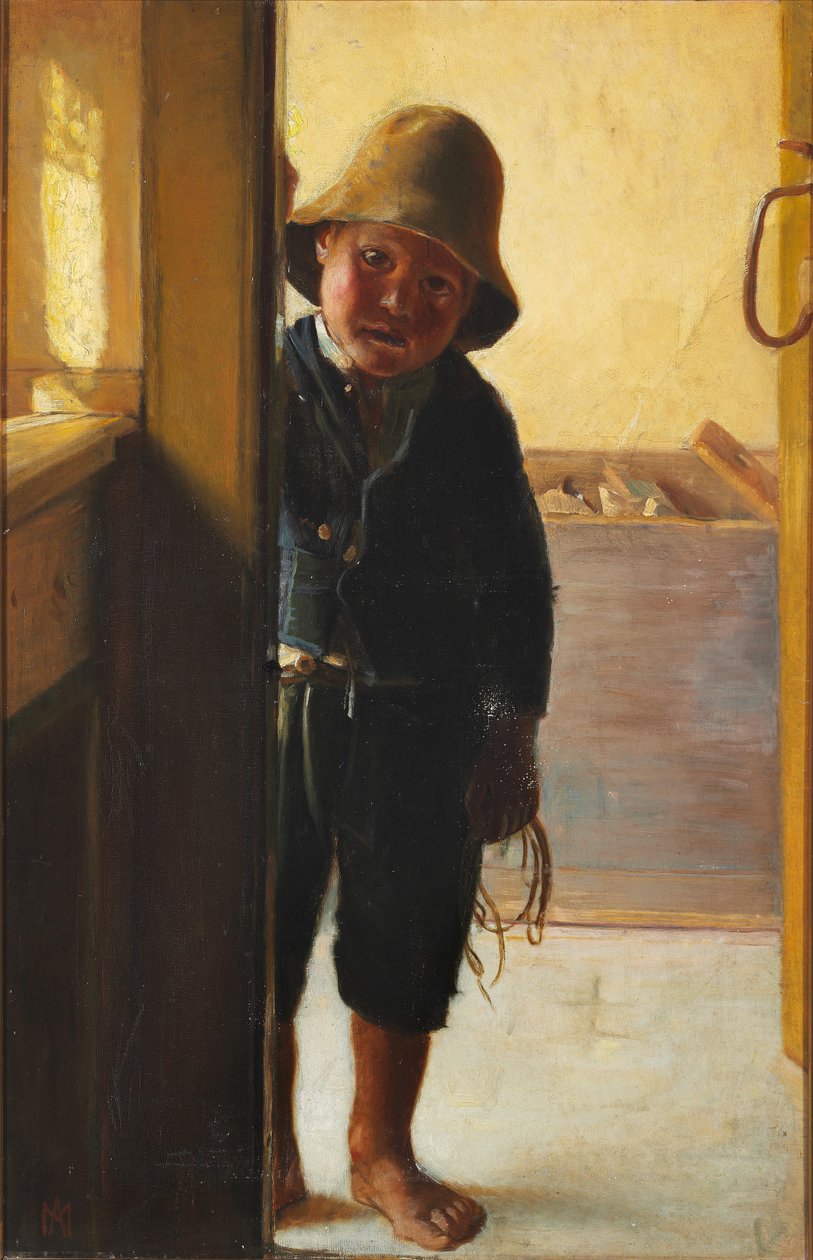 Il figlio di un pescatore che guarda attraverso una porta. da Michael Peter Ancher