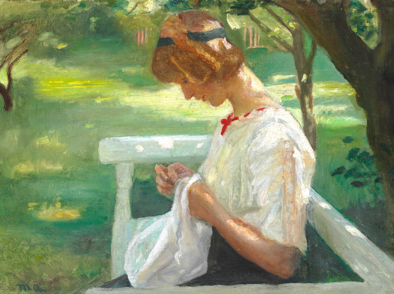 Ella Saxild cuce in giardino in una giornata estiva. da Michael Peter Ancher
