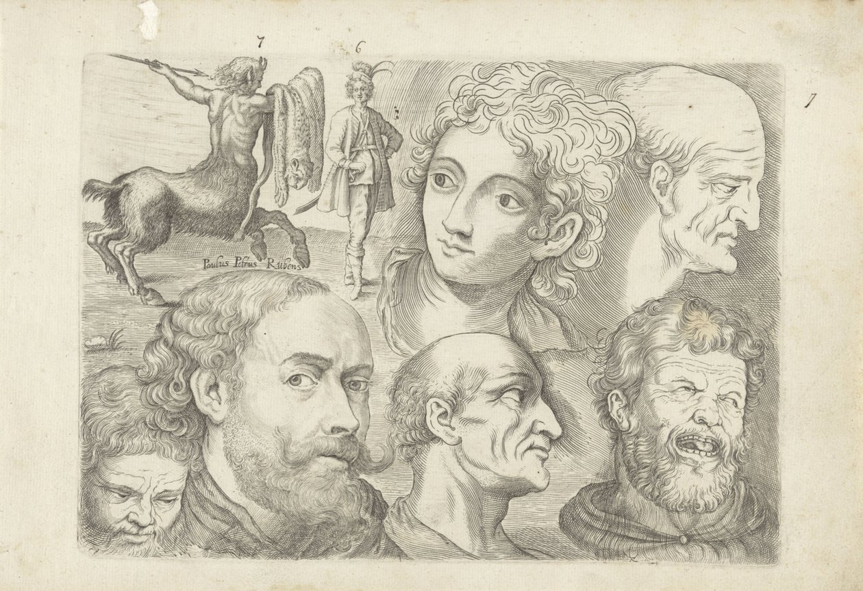 Foglio di studio con esempi di disegno: centauro, figura in piedi e teste da Michael Snijders