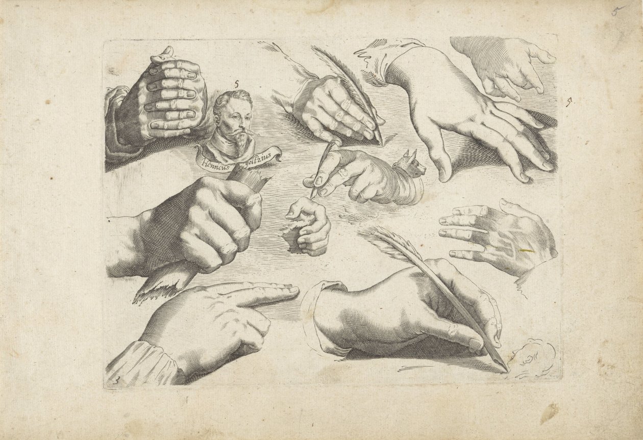 Foglio di studio con esempi di disegno: mani e ritratto di Hendrick Goltzius da Michael Snijders