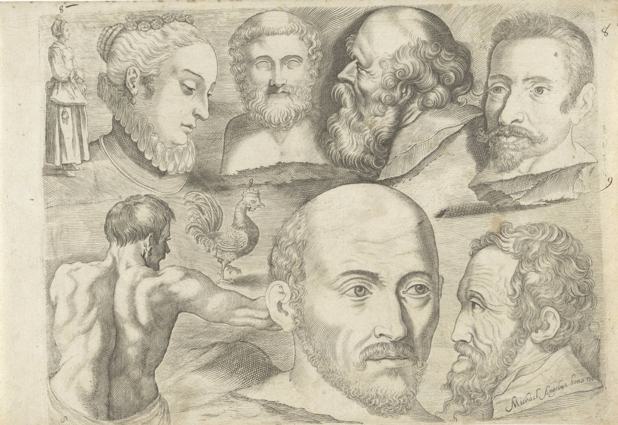 Foglio di studio con esempi di disegno: figura in piedi, gallo e teste da Michael Snijders